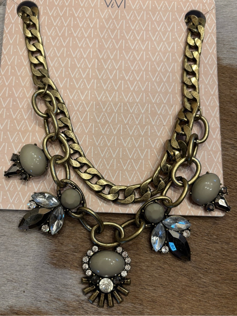 ViVI Taupe and Gold Statement Necklace with Crystal Accents